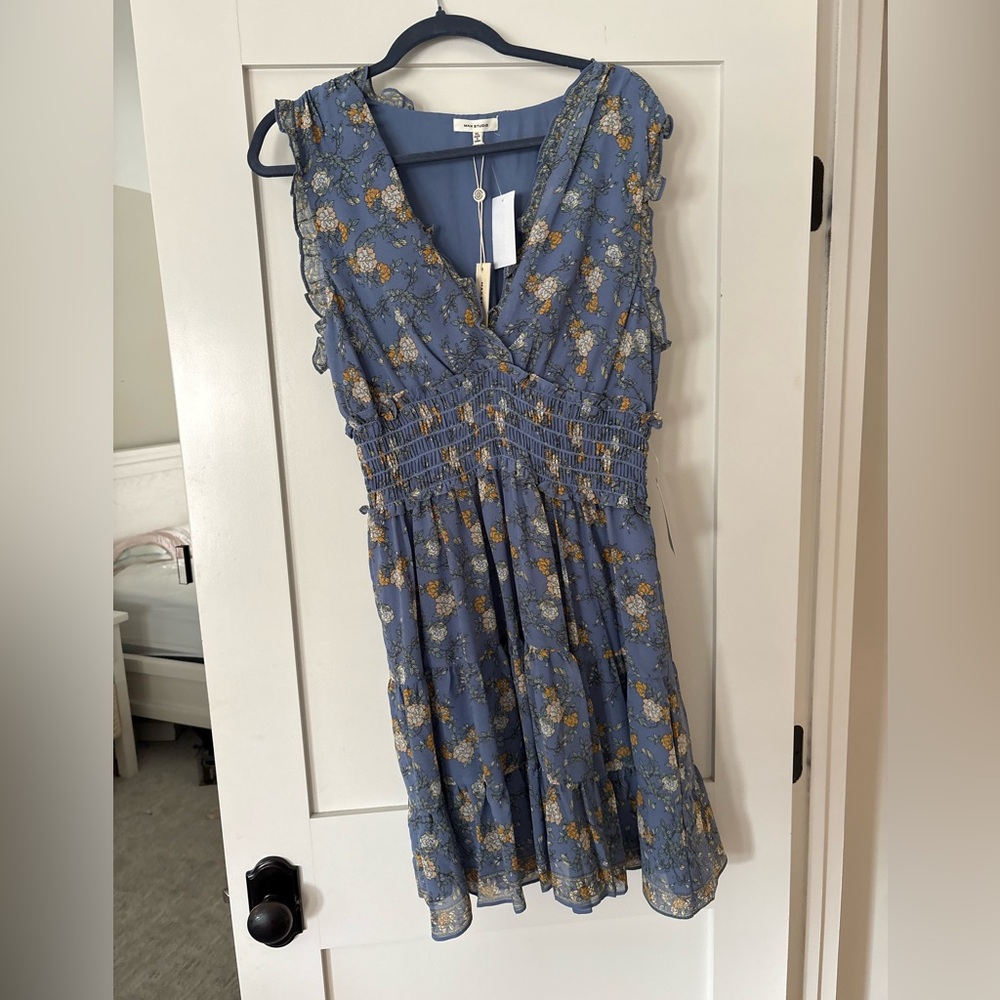 Max Studio Blue Floral V-Neck Smocked Waist Dress
